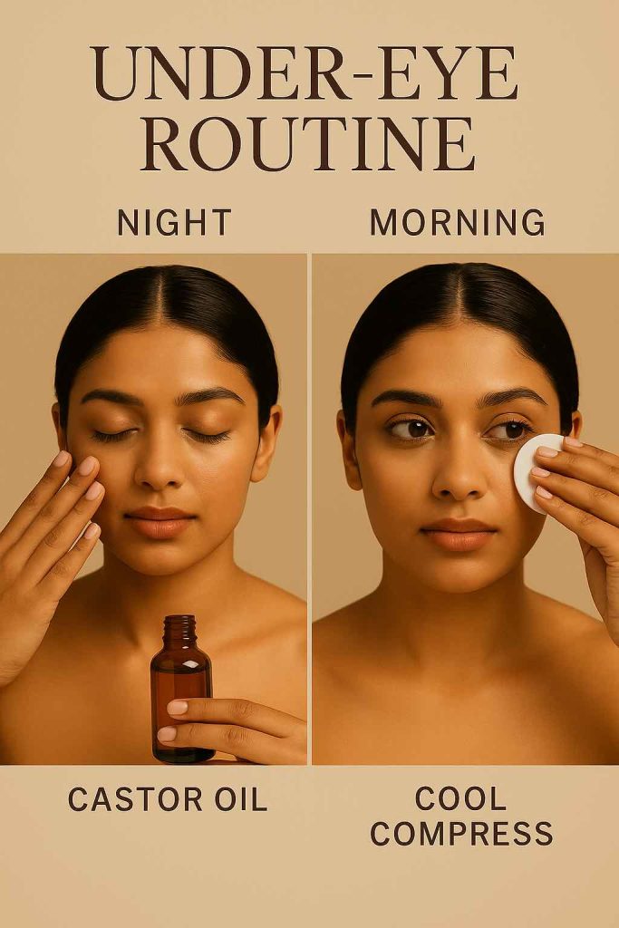 Diptych for Castor Oil for Eyes skin-only routine—nighttime tiny oil application below lash line and morning cool-compress with caffeine gel.
