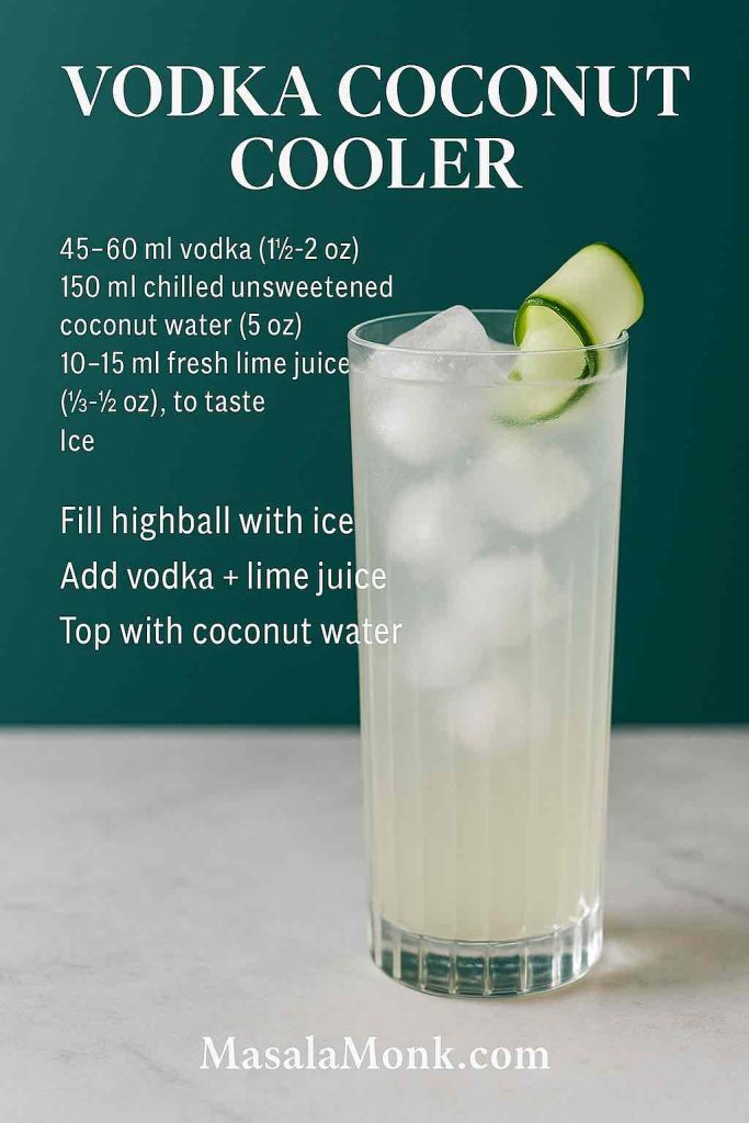 Vodka Coconut Cooler recipe card: crisp high-key photo of frosted highball on white marble, cucumber ribbon garnish; minimal overlay with vodka, coconut water, fresh lime; MasalaMonk.com footer.
