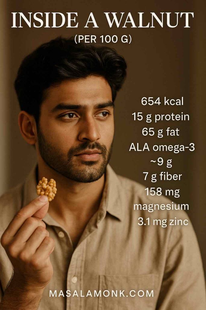 Man holding a walnut with nutrition facts listed to show their benefits for men — calories, protein, fat, omega-3, fiber, magnesium, zinc.