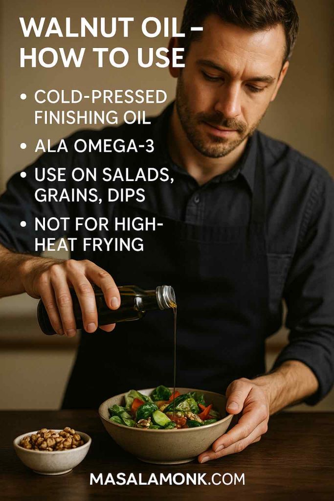 Man pouring walnut oil onto salad, showing its use as a cold-pressed finishing oil.