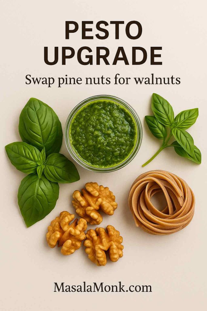 Flat-lay of basil leaves, jar of green pesto, walnut halves, and whole-wheat pasta with the headline “Pesto upgrade—swap pine nuts for walnuts.”