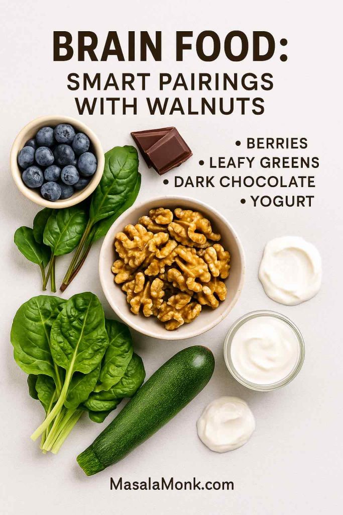 Flat-lay of walnuts with blueberries, spinach, yogurt and dark chocolate, highlighting smart pairings that support mood, blood flow and the gut–brain axis.
