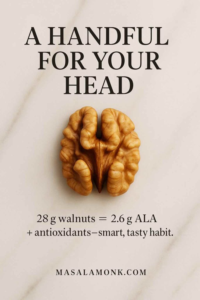 Walnut half on marble with headline “A handful for your head”; note that 28 g walnuts provide ~2.6 g ALA plus antioxidants for brain-supporting nutrition.