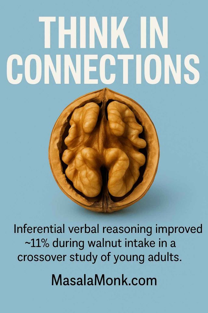 Walnut shell resembling a brain on blue background with text “Think in connections”; notes ~11% gain in inferential verbal reasoning in young adults.
