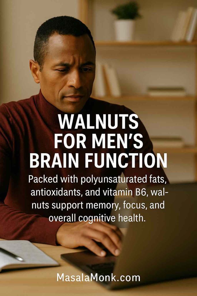 Man working on laptop with text about walnuts improving brain function and focus as their benefit.