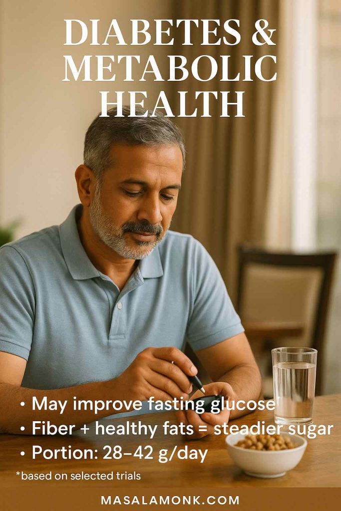 Man eating walnuts at table with glucose monitor, showing diabetes and metabolic health benefits or walnuts for males or men.