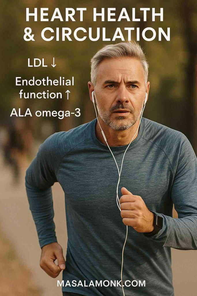 Man jogging with benefits of walnuts for lowering LDL cholesterol and boosting circulation.