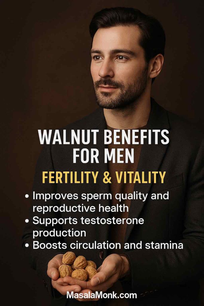 Man holding walnuts with text highlighting fertility and vitality benefits of walnuts for men or males.