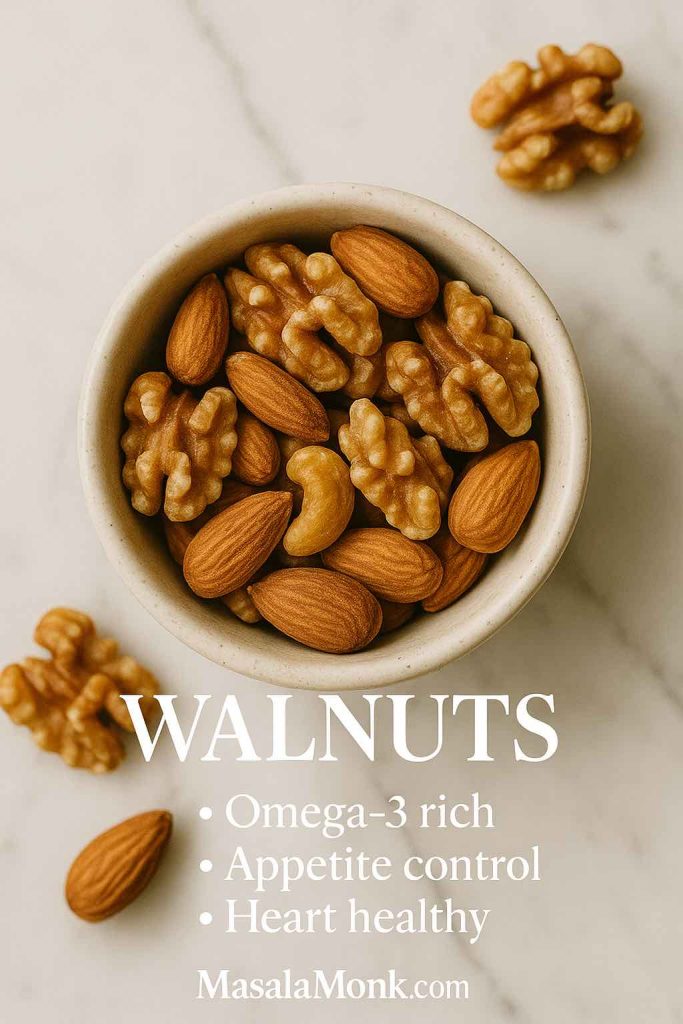 Ceramic bowl of walnut halves (and a few almonds) on marble; overlay bullets “Omega-3 rich • Appetite control • Heart healthy - best nuts for weight loss.
