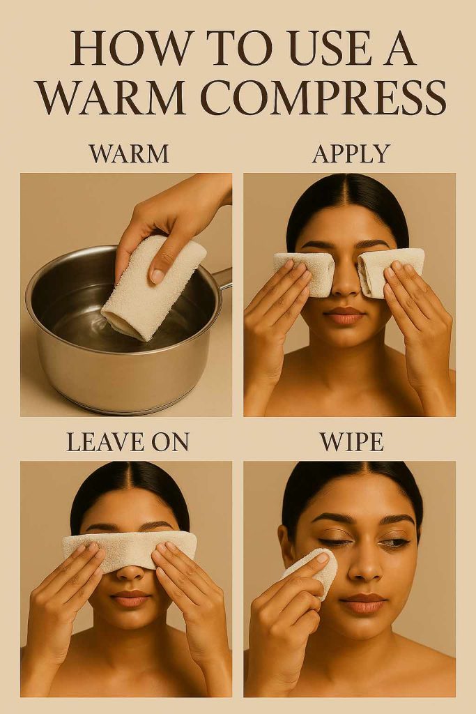 Four photos demonstrating warm compress and gentle lid hygiene sequence for MGD: warm, apply, leave on, wipe—supporting Castor Oil for Eyes guidance.