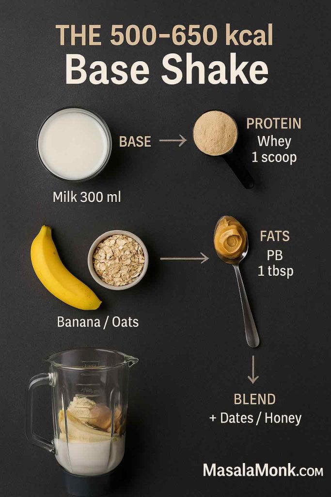 Infographic showing milk, protein powder, banana/oats, peanut butter and dates/honey going into a blender; title “500–650 kcal Base Shake” as best Weight Gain Foods. 