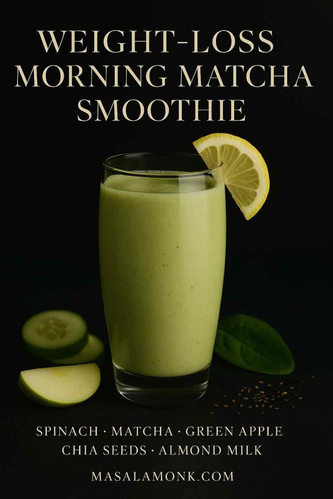A tall slim glass of weight-loss morning matcha smoothie with lemon wedge garnish, cucumber slices, and chia seeds.
