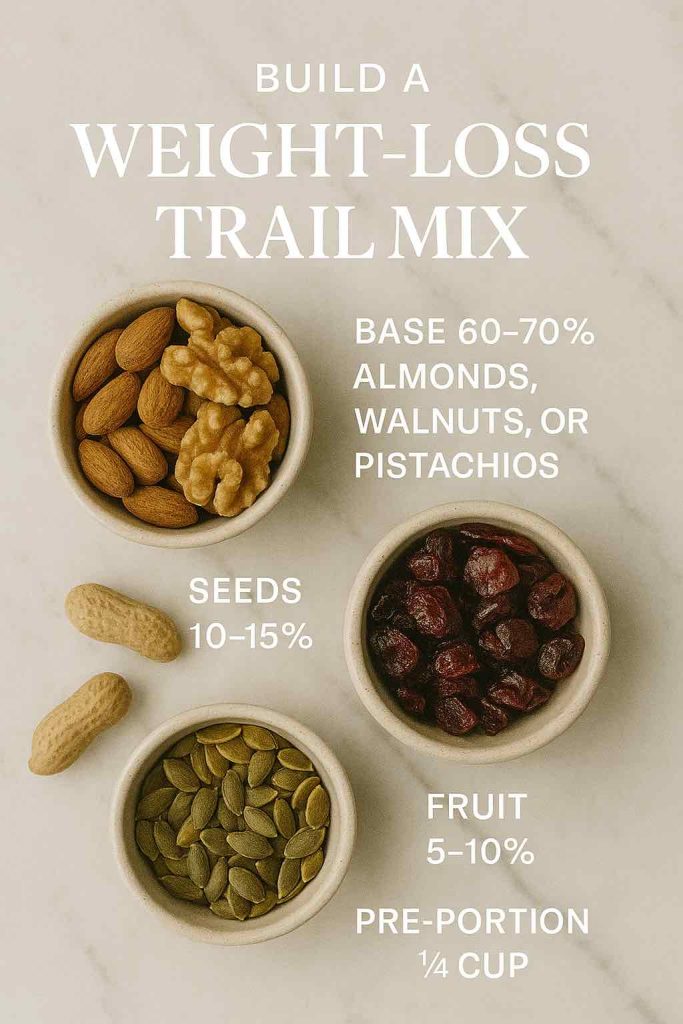 Small bowls—almonds/walnuts, dried cranberries, pumpkin seeds—arranged with overlay instructions and Pre-portion ¼ cup.