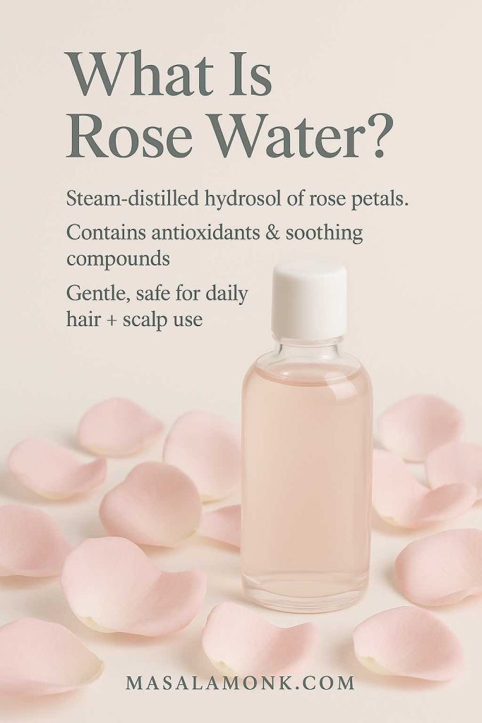 High-resolution image of a clear glass bottle of rose water surrounded by rose petals with overlay text explaining rose water as a steam-distilled hydrosol rich in antioxidants, footer MasalaMonk.com.