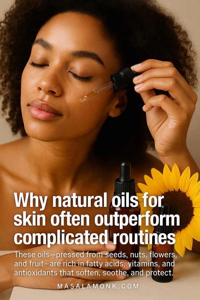 Woman applying natural face oil with dropper to highlight why oils outperform complicated skincare routines.
