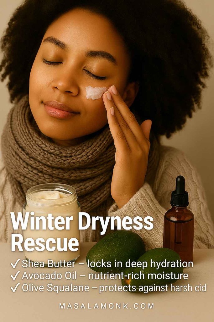 Woman applying shea butter face cream with avocado and squalane oil for winter dryness rescue skincare.