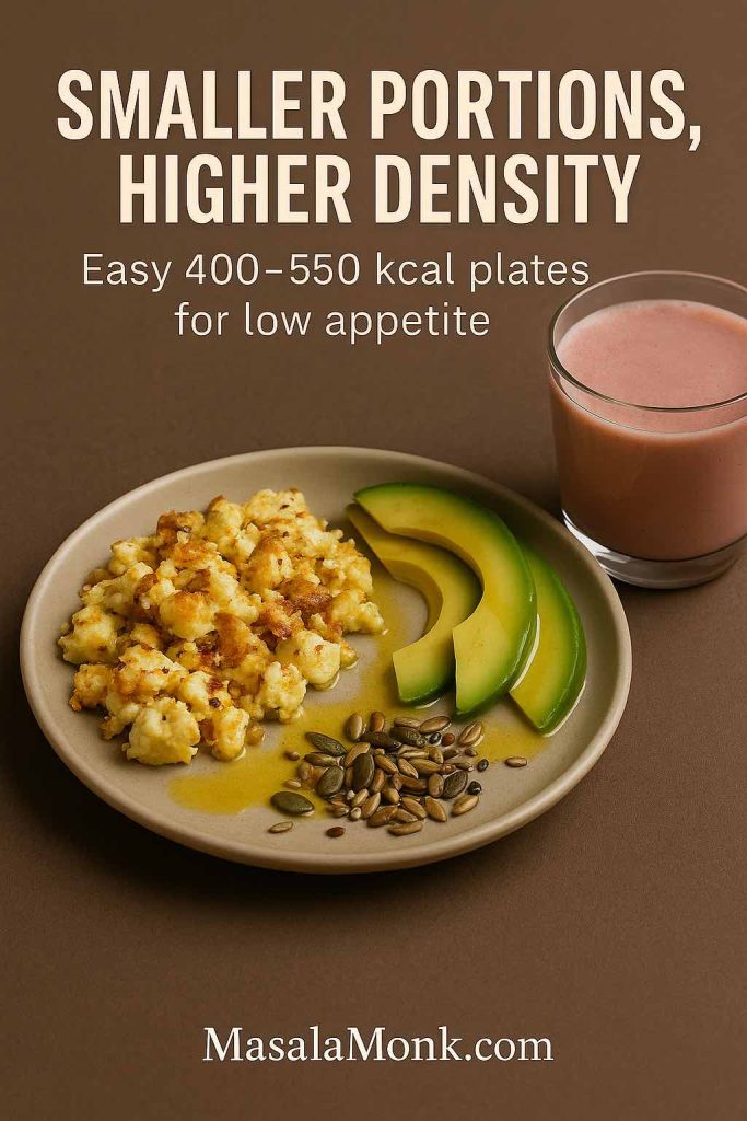 Small plate with paneer or egg scramble, avocado, seeds and oil drizzle, plus a small smoothie; text “Smaller Portions, Higher Density”.