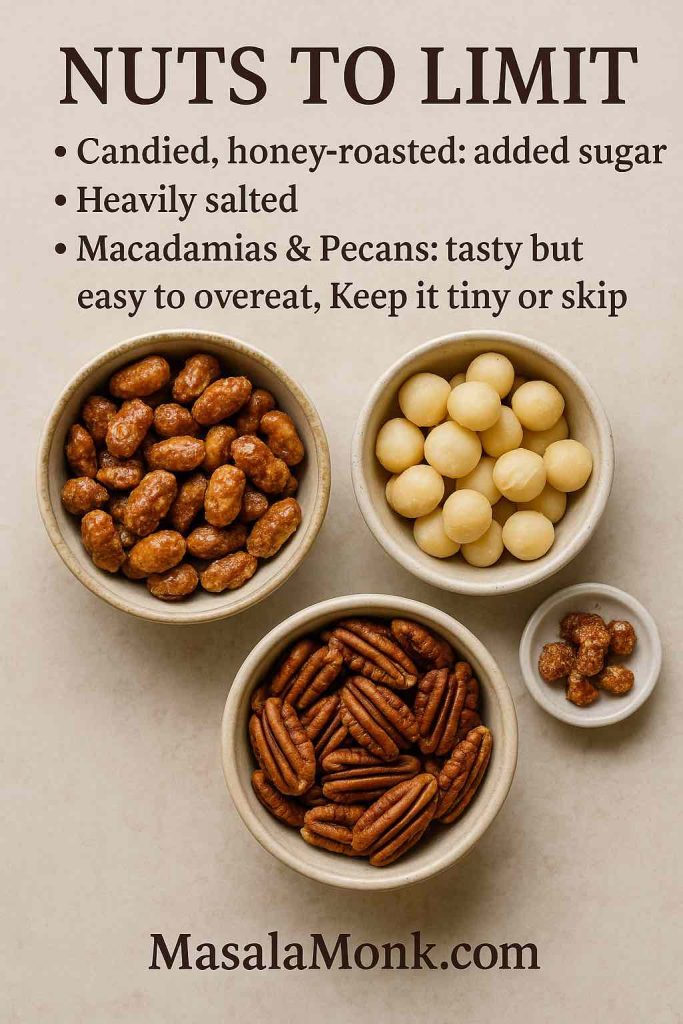 Bowls of candied nuts, macadamias and pecans with overlay warnings about added sugar, salt and overeating risk. Part of post on best nuts for weight loss.