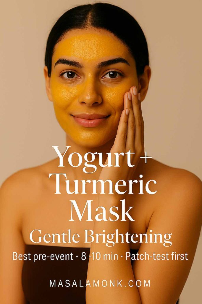 Smiling woman applying yogurt and turmeric mask for natural brightening and glow.