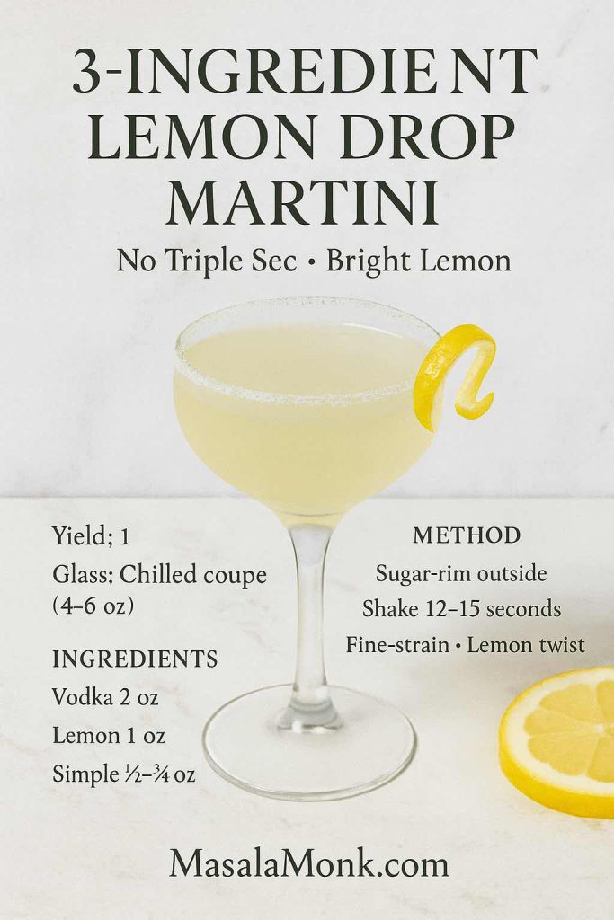 Three-ingredient Lemon Drop Martini recipe card on light marble with chilled coupe, sugar rim, and lemon twist; overlay lists vodka, lemon juice, and simple syrup.