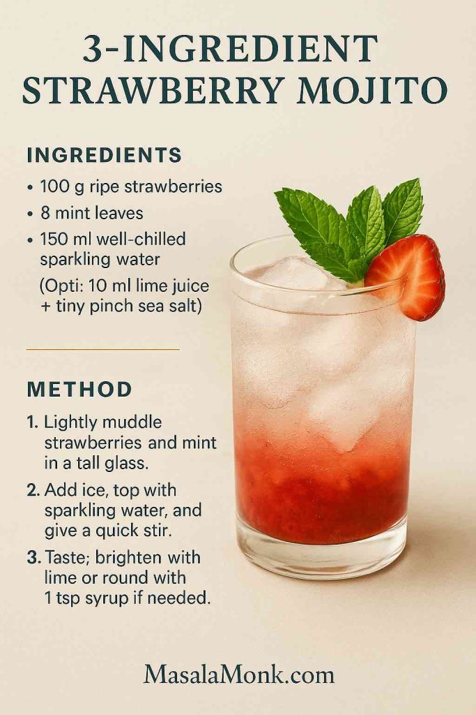Three-ingredient strawberry mojito mocktail recipe card with ripe strawberries, mint and sparkling water on warm ivory background – MasalaMonk