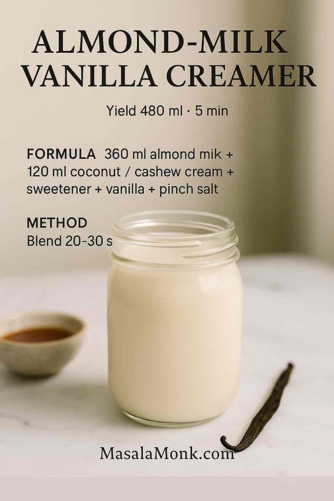 Almond-milk vanilla coffee creamer in a glass jar on marble with vanilla bean and sweetener—light, dairy-free-friendly homemade creamer.