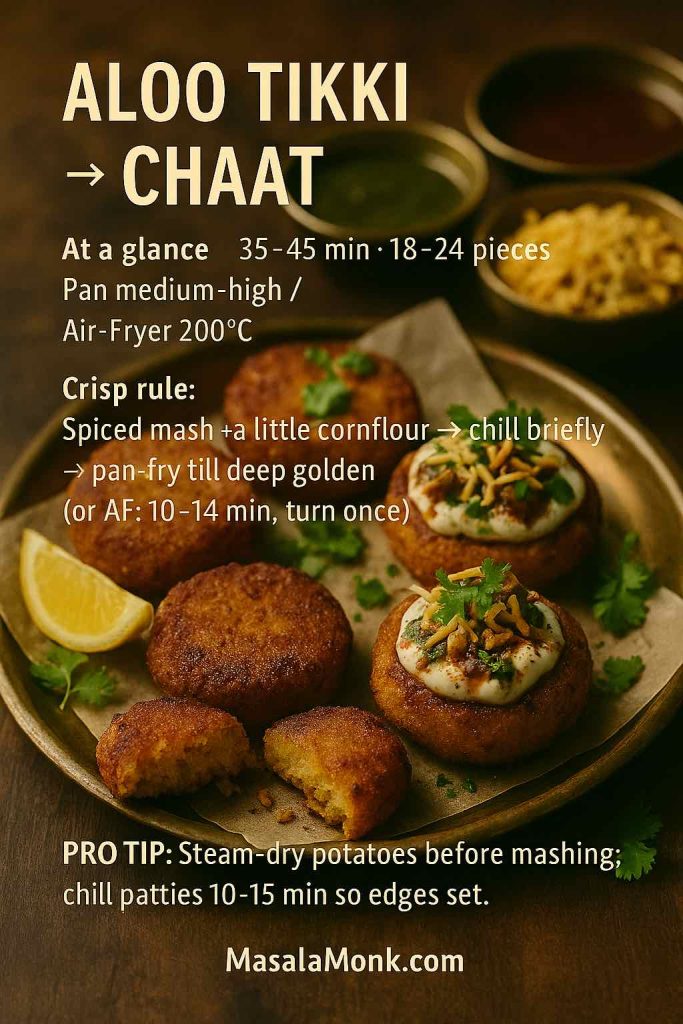 Golden aloo tikki on a brass plate—two plain, two topped as chaat with yogurt, green and tamarind chutneys, sev, onion, and coriander; minimal recipe card overlay.