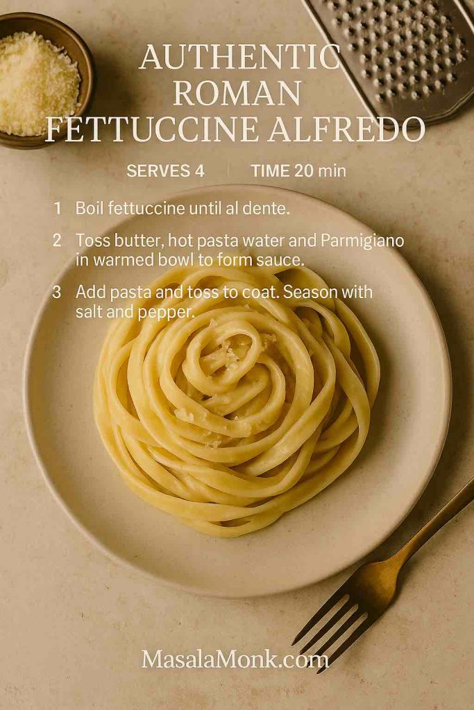 Authentic Roman Alfredo without cream—fettuccine tossed with butter, Parmigiano and hot pasta water, top-down on travertine.