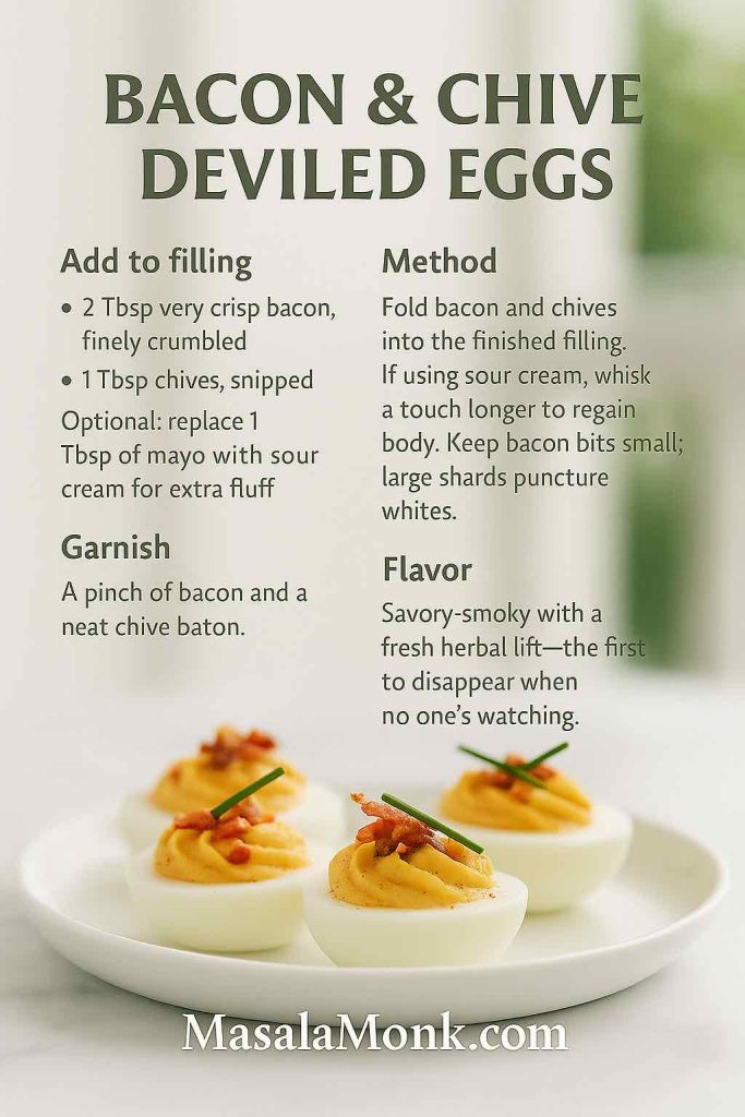 Bacon & Chive deviled eggs on white stoneware in bright daylight, topped with crisp bacon crumble and chive batons; portrait recipe card overlay with add-ins, method, garnish, flavor; MasalaMonk.com footer.