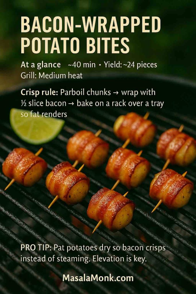 Bacon-wrapped potato bites skewered and sizzling on grill grates with a lime wedge; minimal recipe card overlay.