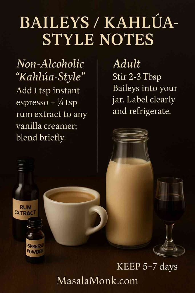 Baileys and Kahlúa-style coffee creamer notes in a portrait recipe card—non-alcoholic mock Kahlúa with espresso powder and rum extract, plus adult Baileys add-in; keep 5–7 days.