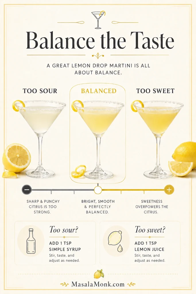 Lemon drop martini balance guide showing too sour, balanced, and too sweet drinks with syrup and lemon juice adjustments.