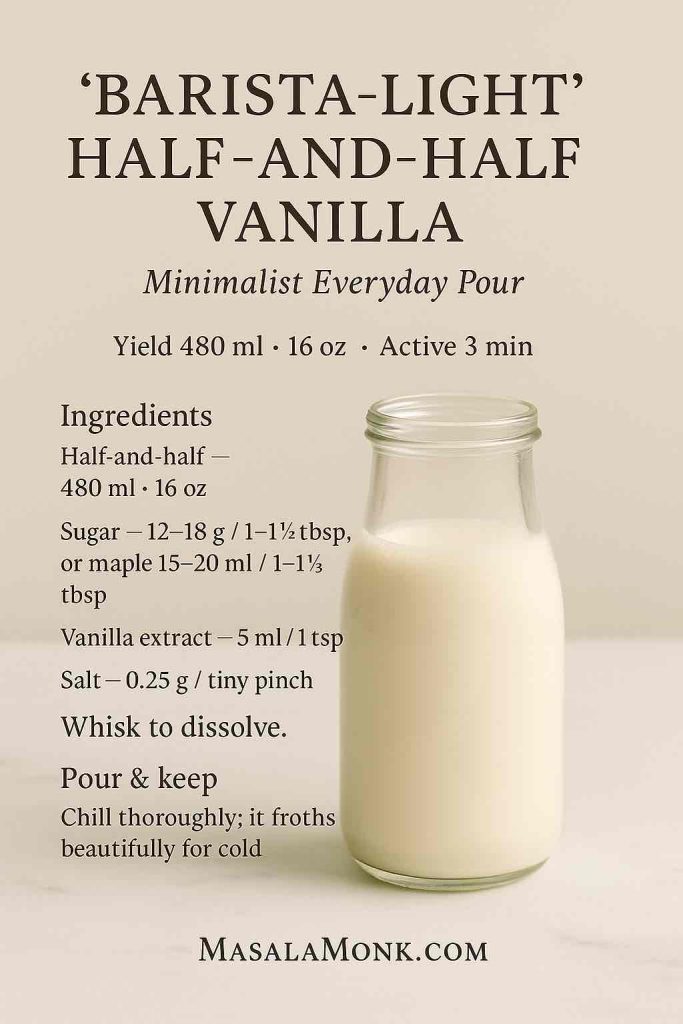 Barista-light half-and-half vanilla coffee creamer in a glass bottle on light marble—barely sweet DIY creamer with sugar or maple, vanilla, and a pinch of salt.
