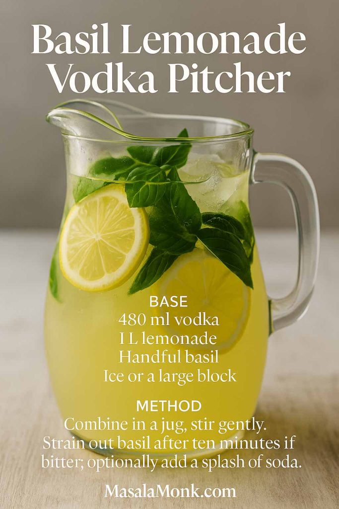 Basil Lemonade Vodka Pitcher filled with lemon wheels, fresh basil, ice, and a chilled yellow lemonade base; close-up glass jug on a light table; MasalaMonk recipe graphic.