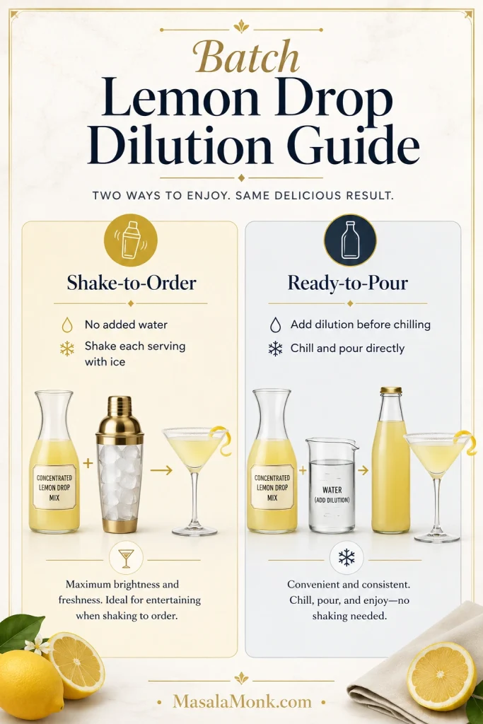 Infographic comparing shake-to-order lemon drop batches with ready-to-pour batches that include water for dilution.