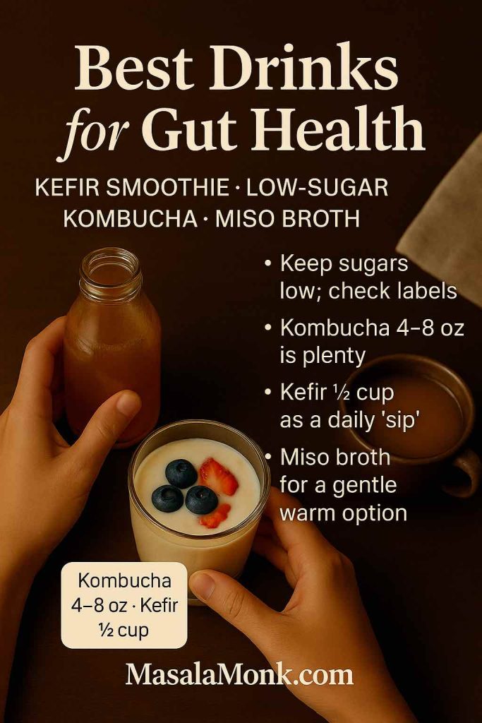 Kefir smoothie, small glass of low-sugar kombucha and a cup of miso broth—best drinks for gut health with portion guidance.