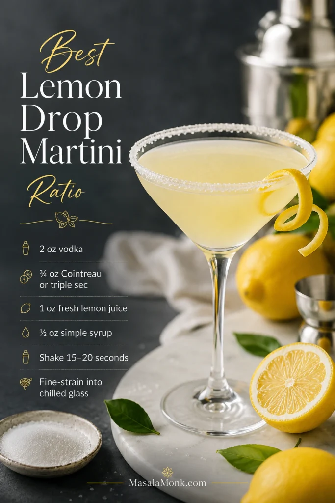 Lemon drop martini ratio card showing vodka, Cointreau or triple sec, fresh lemon juice, simple syrup, shake time, and a sugar-rimmed cocktail.