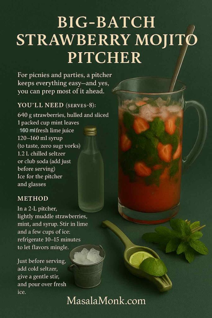 Big-batch strawberry mojito mocktail pitcher—2-L jug with strawberries, mint, lime and ice; seltzer added last; party props beside it – MasalaMonk