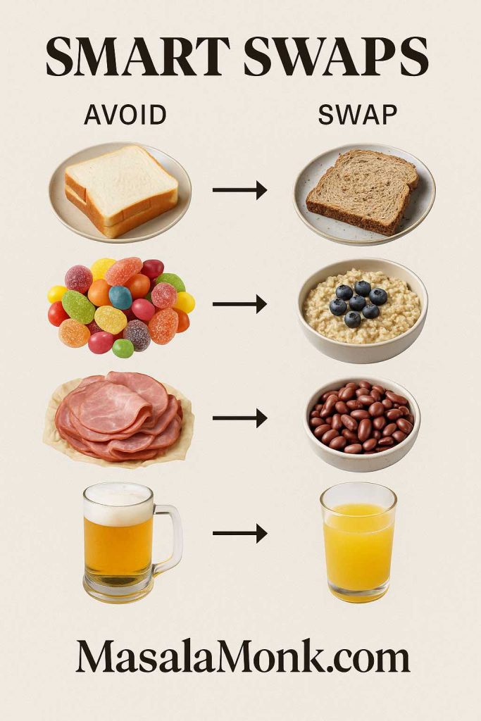 Hemorrhoids foods to eat and avoid—swap white bread, candy, processed meats, and alcohol for whole grains, oatmeal, beans, and pulp-rich drinks.