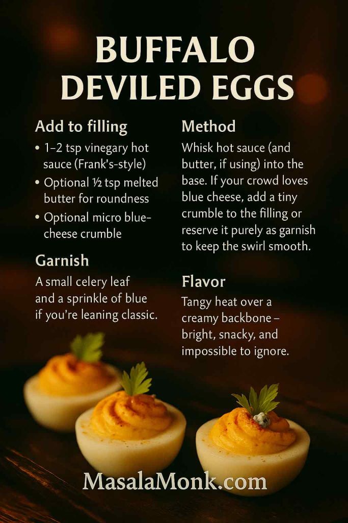 Buffalo deviled eggs topped with paprika and tiny celery leaves on a wooden bar, warm pub bokeh; portrait recipe card overlay showing add-ins, method, garnish, and flavor; MasalaMonk.com footer.