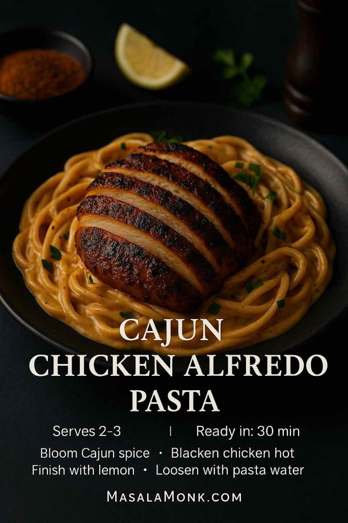 Cajun chicken alfredo pasta with blackened chicken slices over creamy, spice-tinted fettuccine; moody lighting with Cajun spices and lemon; recipe card overlay; MasalaMonk.com footer.