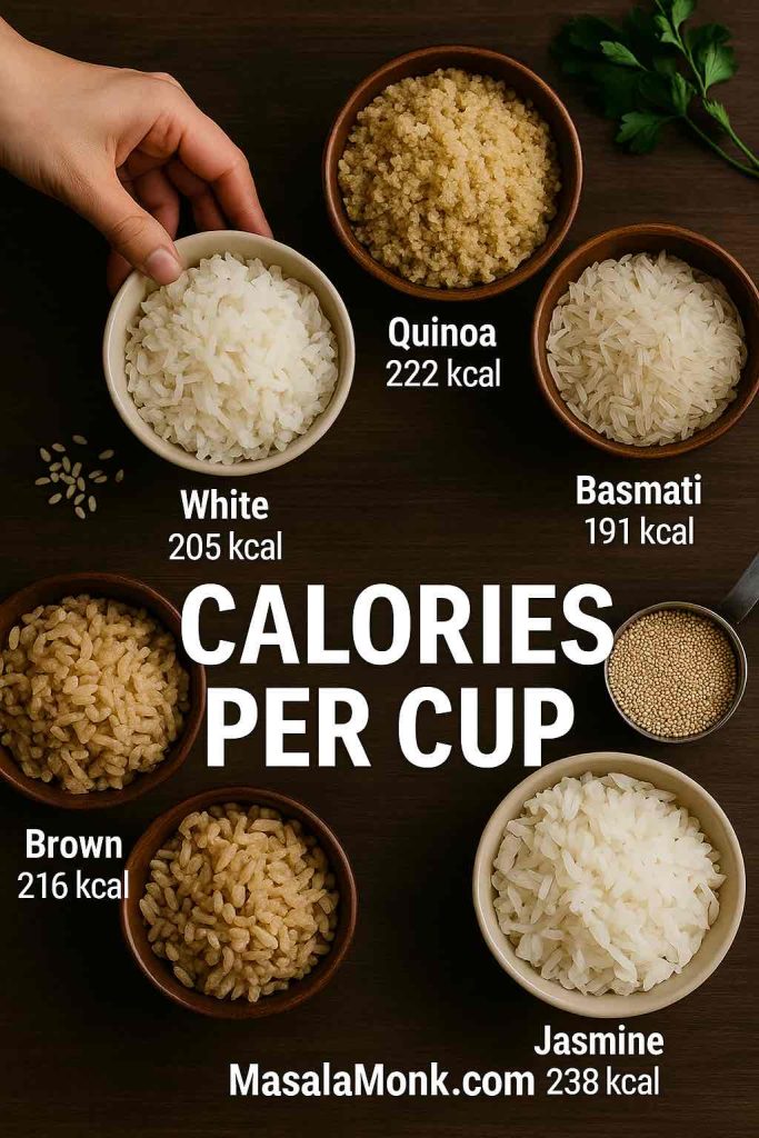 Overhead bowls of quinoa, white, brown, basmati and jasmine rice labeled with calories per cooked cup for quinoa vs rice types.