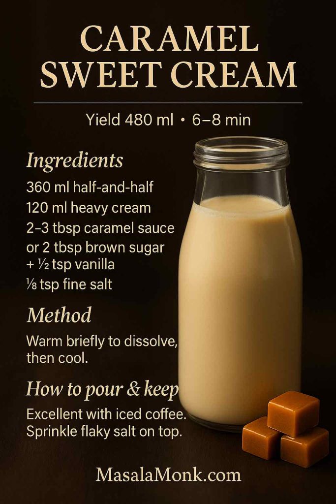 Caramel sweet cream coffee creamer in a glass bottle on dark wood with soft caramel cubes—half-and-half, heavy cream, caramel sauce, pinch of salt.