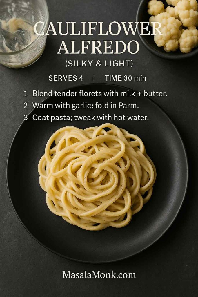 Cauliflower Alfredo on matte black plate—blender jar and steamed florets, overhead on charcoal slate.