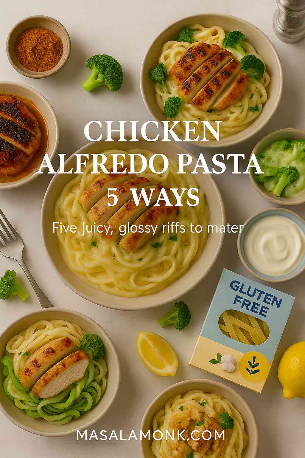 Cover collage for Chicken Alfredo Pasta: five bowls—classic, Cajun/blackened, broccoli, jar + rotisserie, and healthy/GF—styled in a magazine layout with the headline ‘Chicken Alfredo Pasta: 5 Ways’ and MasalaMonk.com footer.