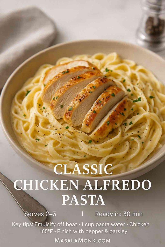 Classic chicken alfredo pasta in a shallow bowl—silky fettuccine topped with sliced seared chicken, pepper and parsley; recipe card overlay with key tips; MasalaMonk.com footer.