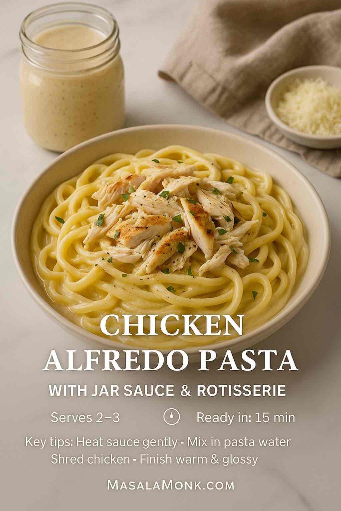 Chicken alfredo pasta made with jar sauce and rotisserie chicken—creamy fettuccine in a shallow bowl with shredded chicken, jar of sauce and grated Parmesan behind; recipe card overlay; MasalaMonk.com footer.