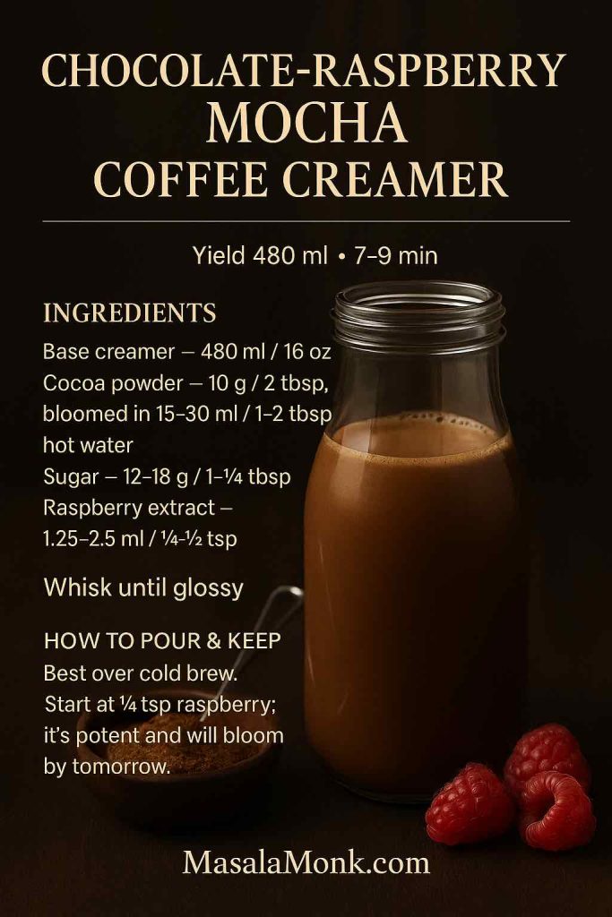 Chocolate-raspberry mocha coffee creamer in a glass bottle on dark wood with raspberries and cocoa—DIY creamer made by blooming cocoa and adding raspberry extract.