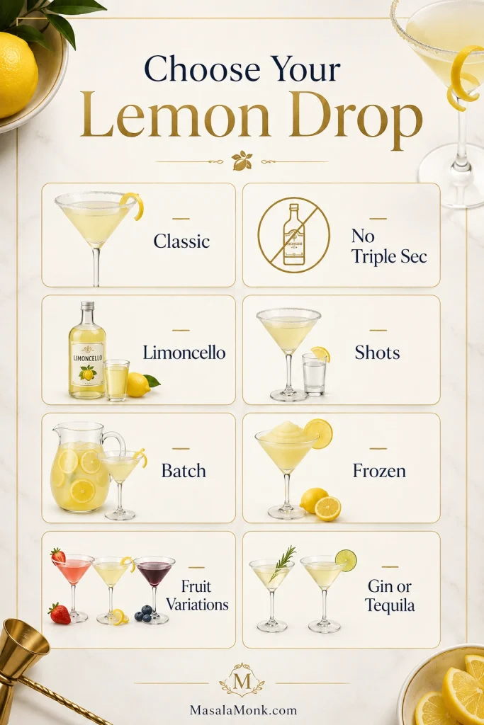 Decision guide showing lemon drop martini options including classic, no triple sec, limoncello, shots, batch, frozen, fruit variations, and gin or tequila.