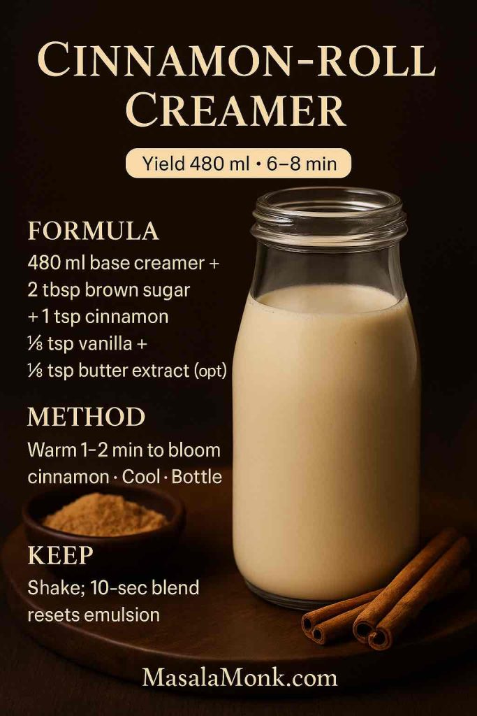 Cinnamon-roll coffee creamer in a glass bottle on dark wood with brown sugar and cinnamon sticks—bloomed cinnamon, vanilla, optional butter extract.